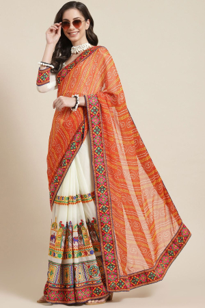 Orange Georgette Bandhani Pallu Embroidery Work Festival Wear Saree