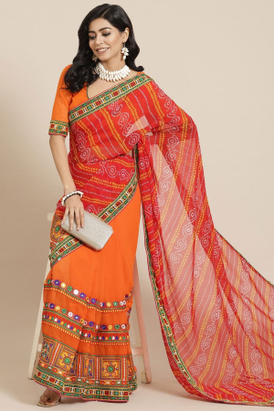 Orange Georgette Bandhani Pallu Embroidery Work Party Wear Saree