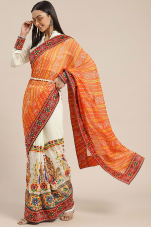 Orange Georgette Embroidery Work Bandhani Pallu Exclusive Party Wear Saree