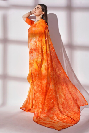 Orange Georgette Sequins Work Saree