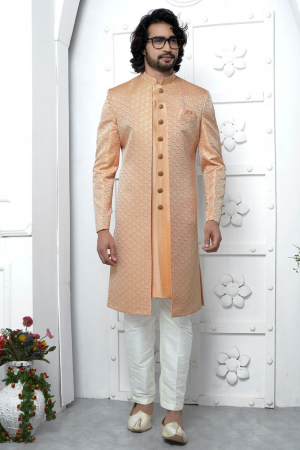 Orange Jacquard Silk 3 Pc Indo Western Outfit