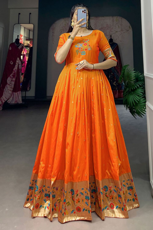 Orange Jacquard Silk Anarkali Gown