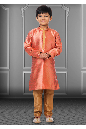 Orange Jacquard Silk Kids Kurta Set