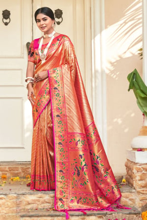 Orange Paithani Silk Zari Woven Saree