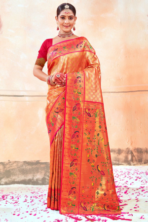 Orange Paithani Silk Zari Woven Saree