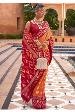 Orange Patola Silk Saree with Embellished Blouse