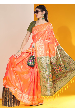 Orange Raw Silk Kalamkari Woven Saree