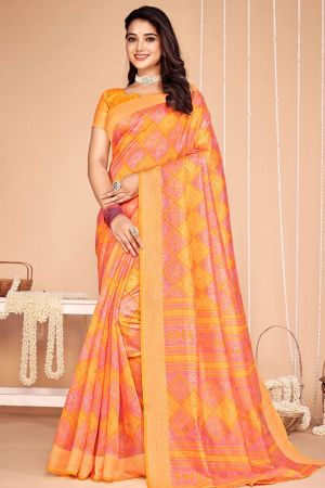 Orange Tussar Silk Digital Printed Saree
