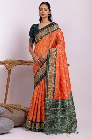 Orange Tussar Silk Printed Saree