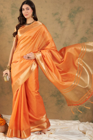 Orange Zari Woven Party Wear Saree