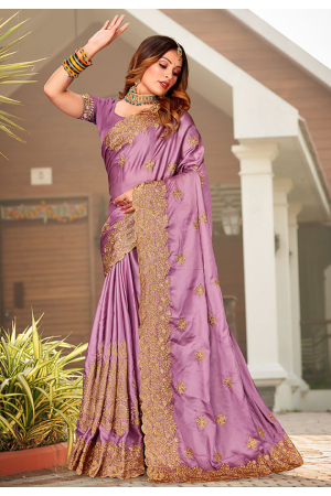 Orchid Pink Pure Satin Embroidered Saree