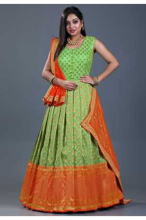 Parrot Green Art Silk Gown with Dupatta