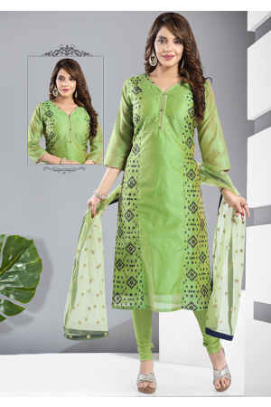 Parrot Green Chanderi Silk Readymade Churidar Kameez