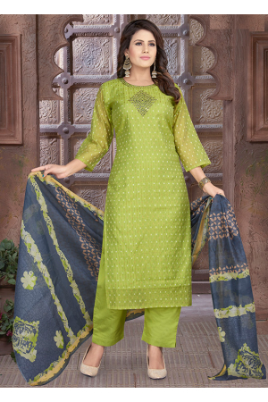 Parrot Green Chanderi Silk Readymade Pant Kameez