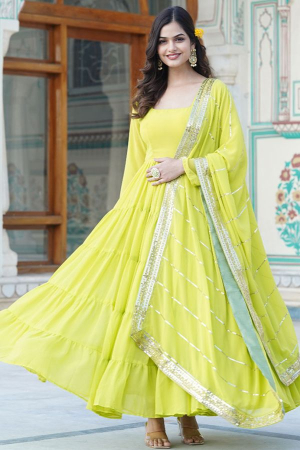Parrot Green Faux Georgette Anarkali Gown with Dupatta