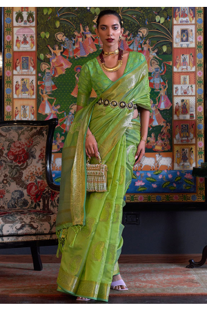 Parrot Green Handloom Weaving Organza Saree