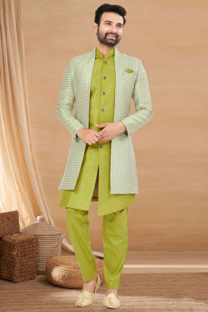 Parrot Green Heavy Art Silk Embroidered Indo Western Outfit