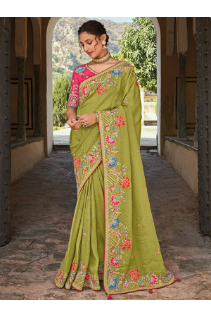 Parrot Green Heavy Designer Embroidered Saree