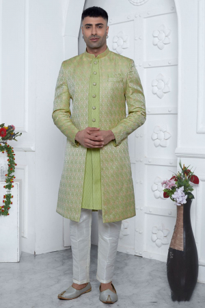 Parrot Green Jacquard Silk 3 Pc Indo Western Outfit