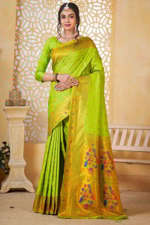 Parrot Green Jacquard Work Paithani Silk Saree