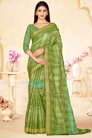 Parrot Green Linen Silk Digital Printed Saree