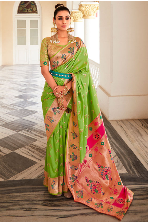Parrot Green Paithani Silk Weaving Work Saree