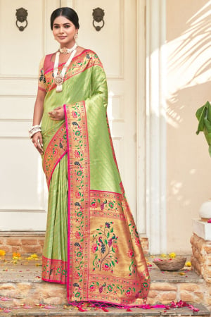 Parrot Green Paithani Silk Zari Woven Saree