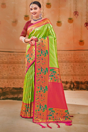 Parrot Green Paithani Silk Zari Woven Saree