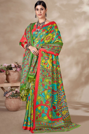 Parrot Green Pashmina Winter Special Saree with Shawl