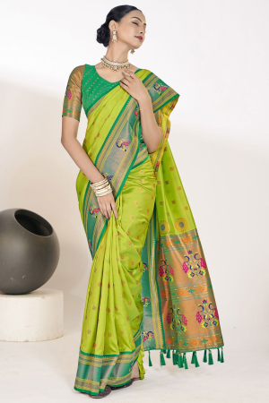 Parrot Green Pure Paithani Silk Woven Saree