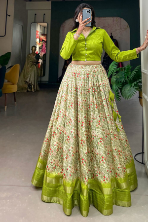 Parrot Green Readymade Crop Top with Lehenga