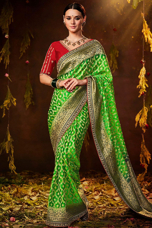 Parrot Green Silk Bandhej Heavy Designer Saree