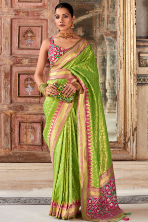 Parrot Green Soft Banarasi Silk Woven Saree