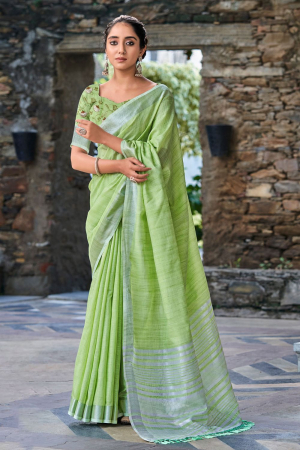 Parrot Green Soft Linen Silk Saree