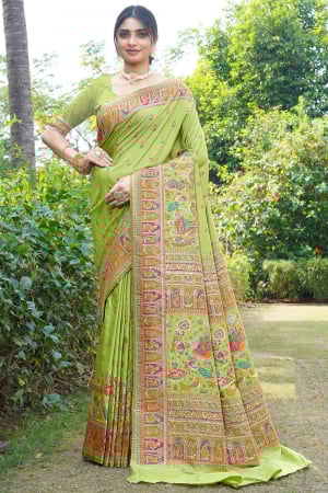 Parrot Green Soft Pure Silk Handloom Woven Saree