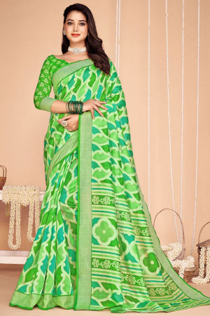 Parrot Green Tussar Silk Digital Printed Saree