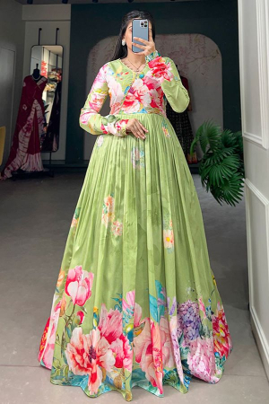 Parrot Green Tussar Silk Printed Gown