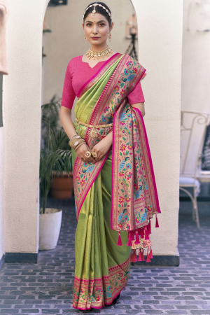 Parrot Green Woven Kanchipuram Silk Saree