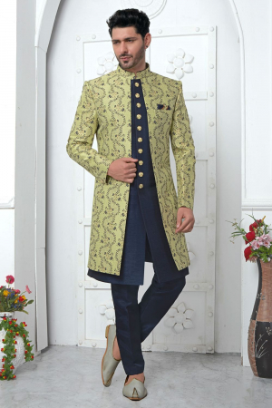 Pastel Green and Navy Blue Jacquard Silk 3 Pc Indo Western Outfit
