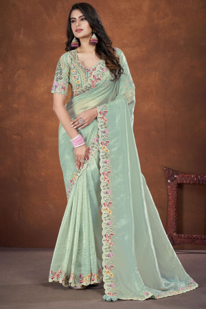 Pastel Green Banarsi Crush Silk Saree with Readymade Blouse