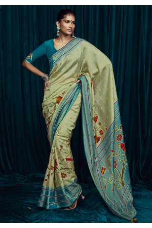 Pastel Green Brasso Saree with Embroidered Blouse