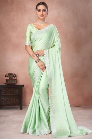 Pastel Green Embellished Satin Chiffon Saree