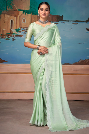 Pastel Green Embellished Satin Chiffon Saree