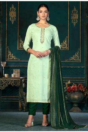 Pastel Green Embroidered Cambric Cotton Pant Kameez
