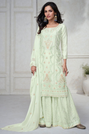 Pastel Green Embroidered Chinnon Silk Designer Sarara Kameez