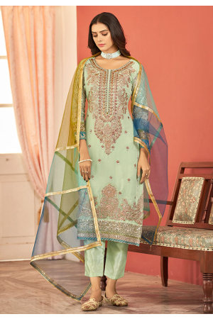 Pastel Green Embroidered Faux Georgette Pant Kameez