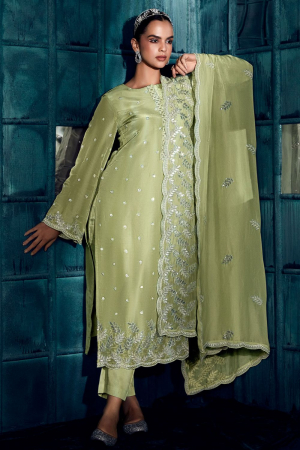 Pastel Green Embroidered Modal Silk Plus Size Suit