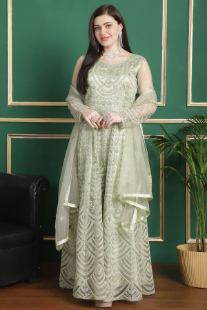 Pastel Green Embroidered Net Anarkali Suit for Festival