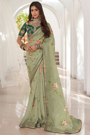Pastel Green Embroidered Party Wear Saree