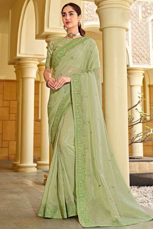 Pastel Green Embroidered Silk Designer Saree